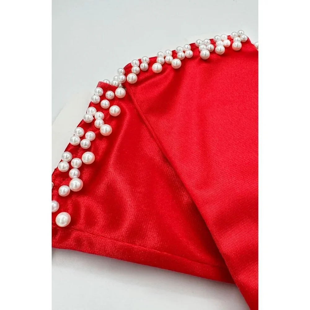Women's Elegant Red Floral Short Lace Wrist Gloves Bridal Dinner Party Prom